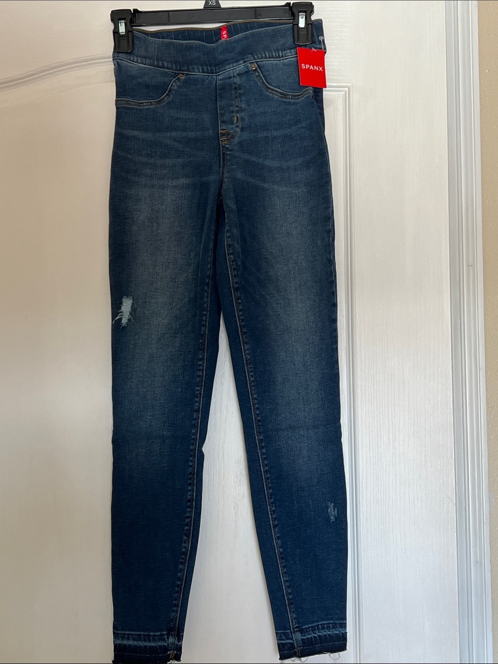 SPANX Dark Blue Skinny Jeans with Subtle Distress